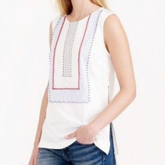 J Crew Sleeveless‎ Beaded Tunic Top 0 White Blue Stripe Side Zip Round Neck Boho - Picture 13 of 13